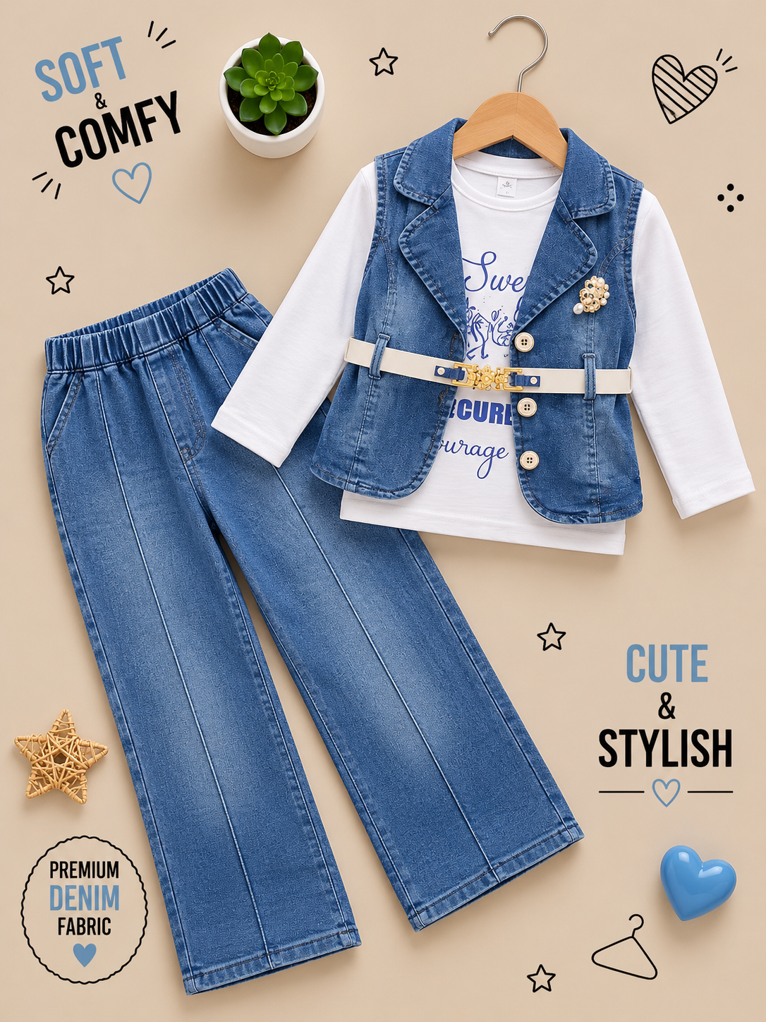 Girls Premium Denim 3-Piece Set – Belted Vest, Printed Top & Wide-Leg Jeans 💙✨