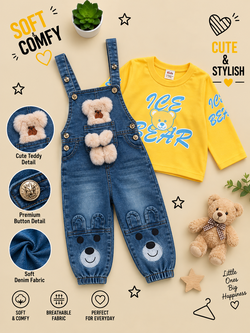 Cute Teddy Denim Dungaree Set with Full Sleeve T-Shirt 🧸✨