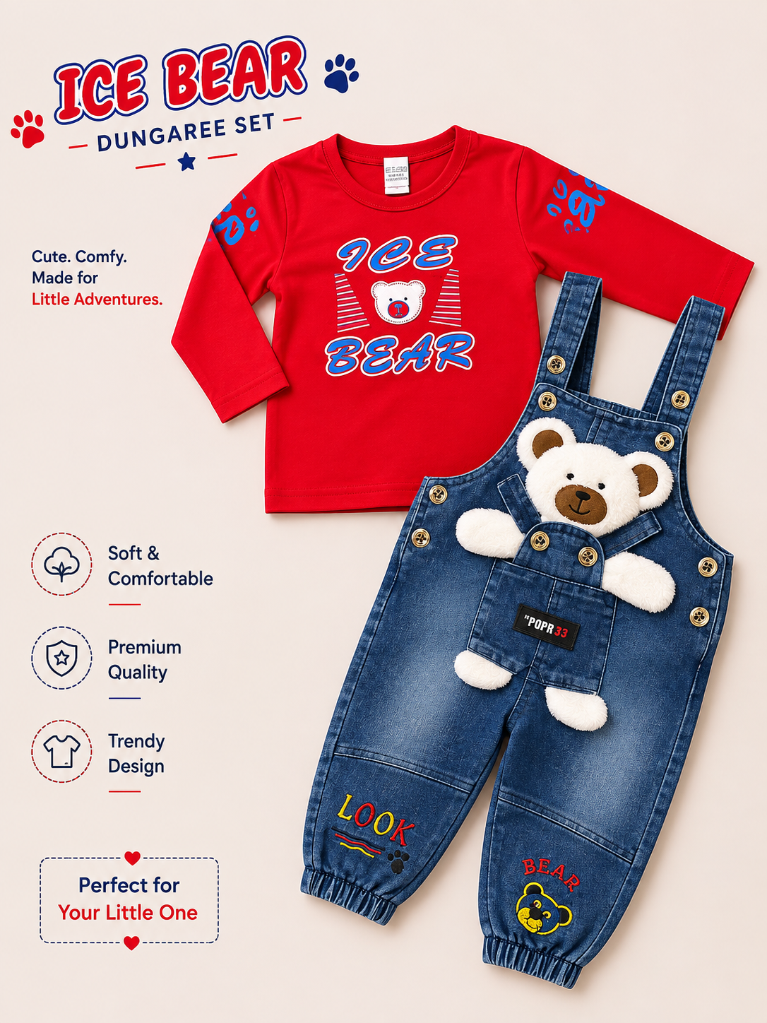 Ice Bear Teddy Denim Dungaree Set for Boys 🧸💙