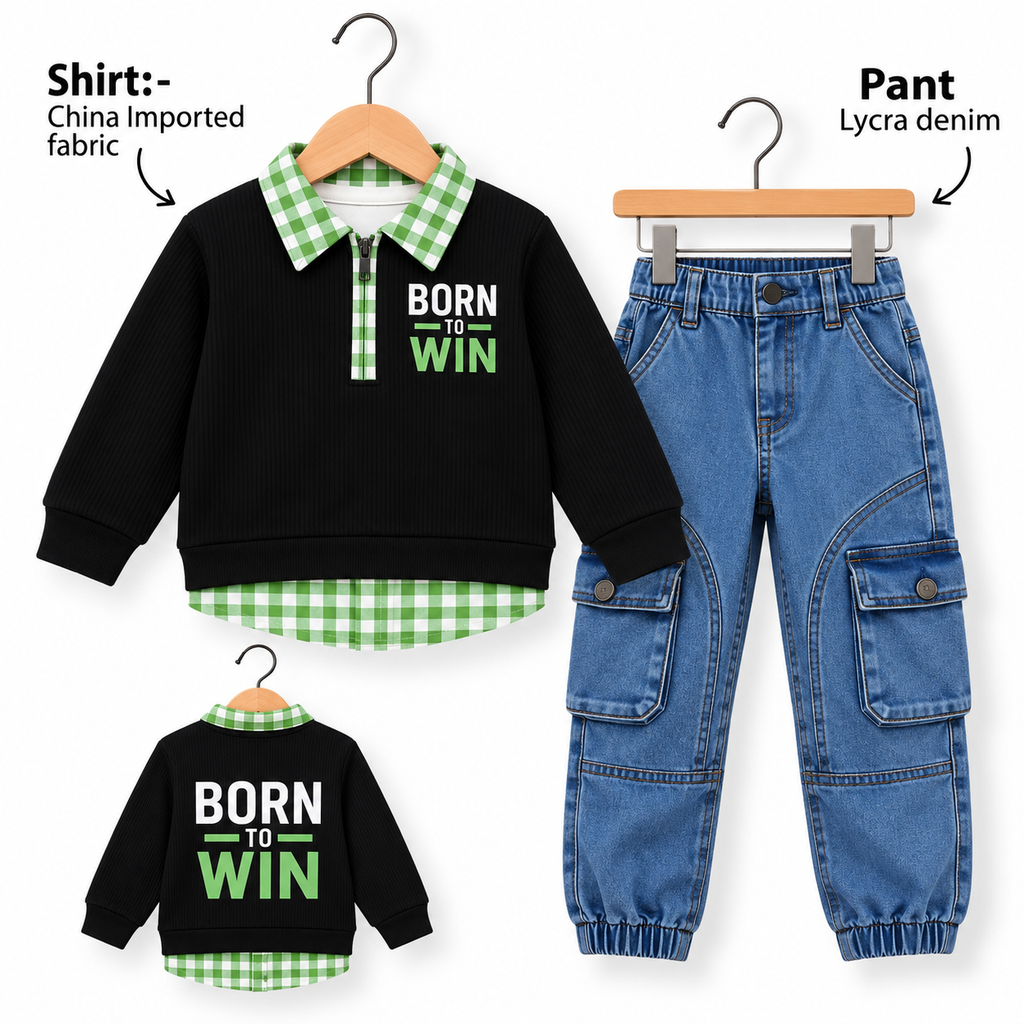 Boys Born to Win Layered Shirt & Cargo Denim Pant Set