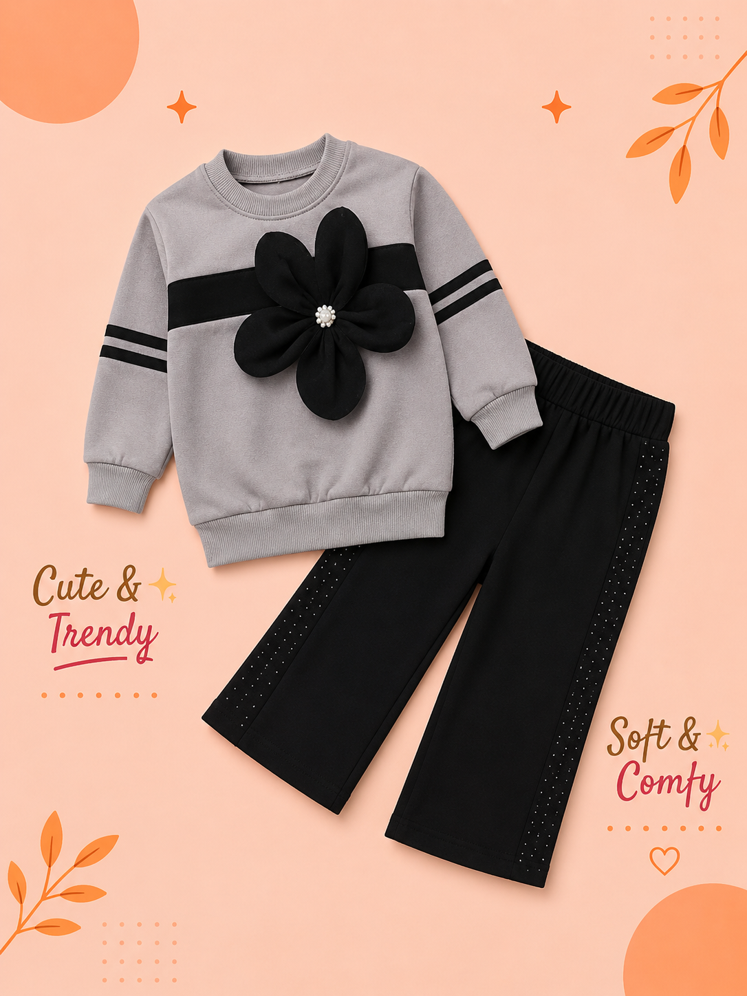 Girls 3D Floral Sweatshirt & Black Flared Pants 2-Piece Set