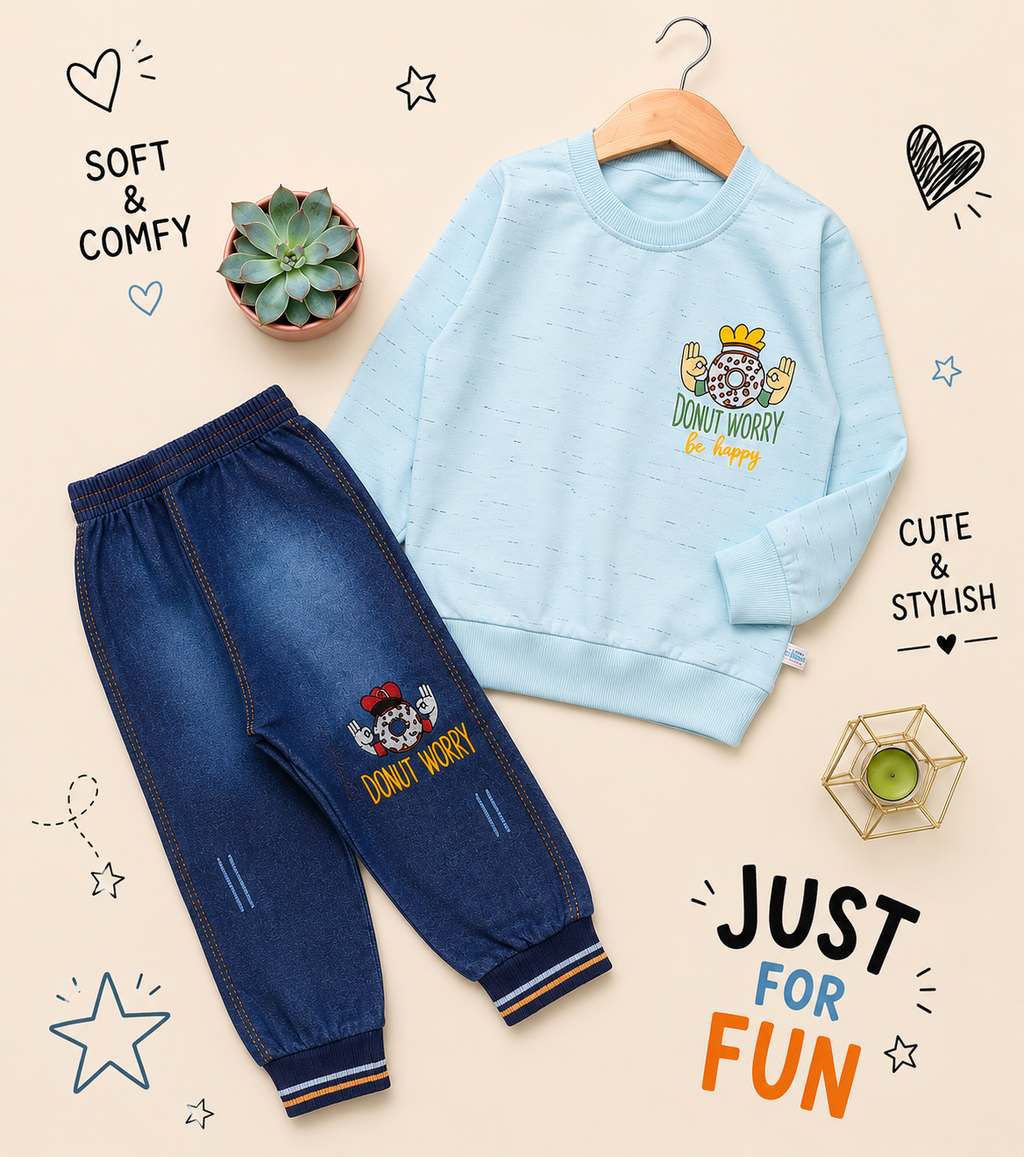 🍩 Donut Worry Kids Winter Sweatshirt & Denim Jogger Set