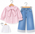 Broderie Bow Collar 3-Piece Girls Set – Shirt, Inner & Lace Trim Wide-Leg Denim