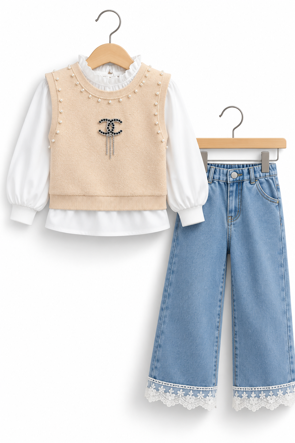 Girls 3-Piece Pearl Embellished Outfit Set – Stylish Sleeveless Top, White Puff Sleeve Shirt & Lace Trim Wide Leg Denim Jeans
