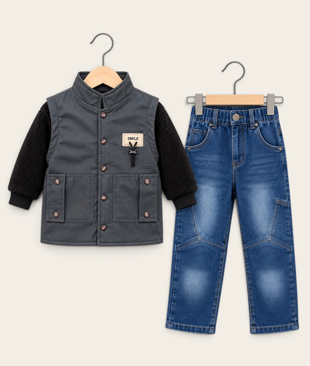 Boys Smile Fleece Jacket & Denim Jeans 2-Piece Winter Set – Brown & Charcoal