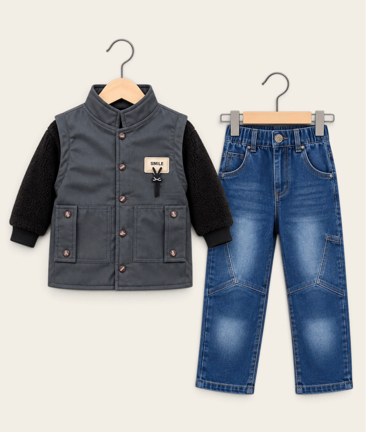 Boys Smile Fleece Jacket & Denim Jeans 2-Piece Winter Set – Brown & Charcoal