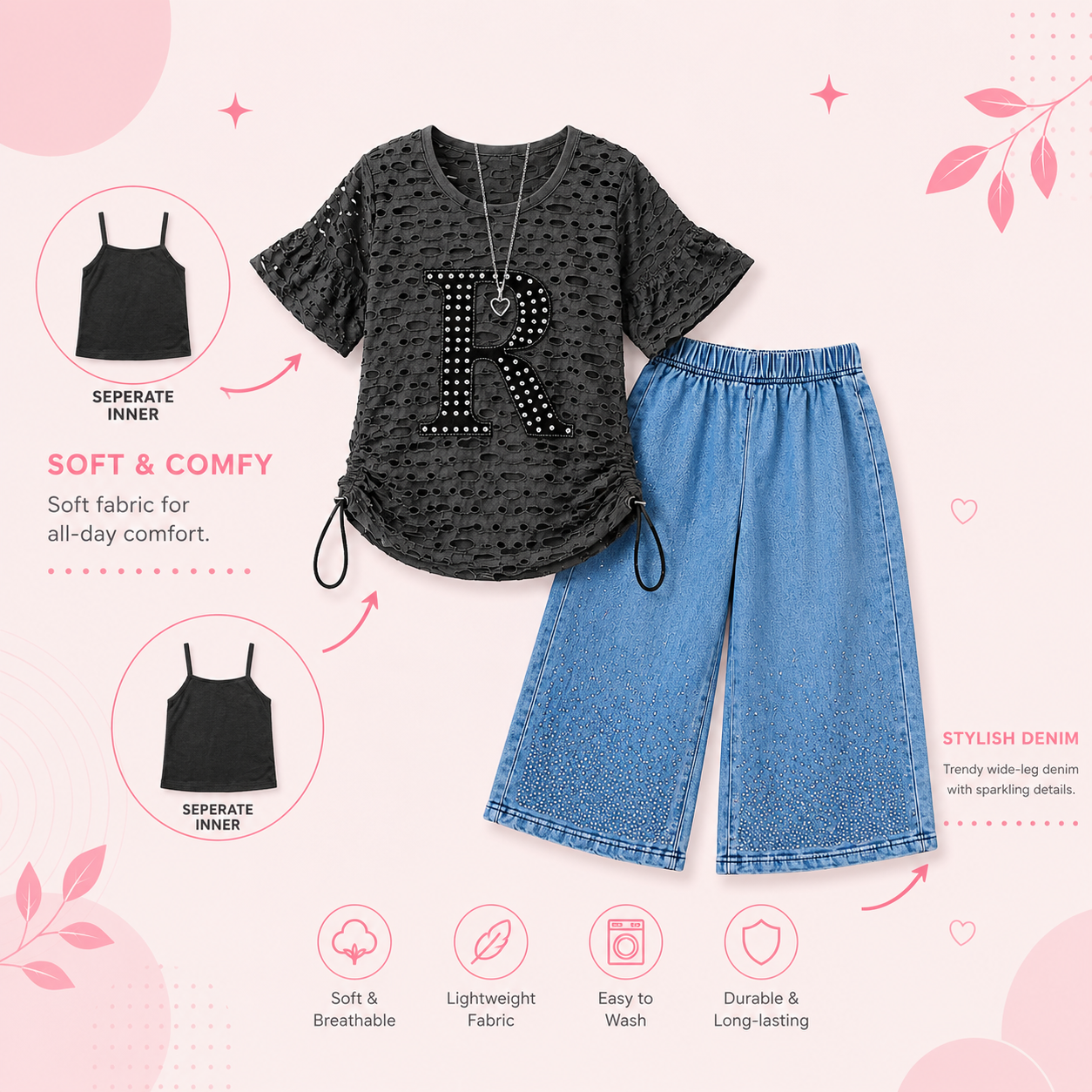 Girls 3-Piece Co-Ord Set with Inner Camisole & Wide Leg Denim Pants
