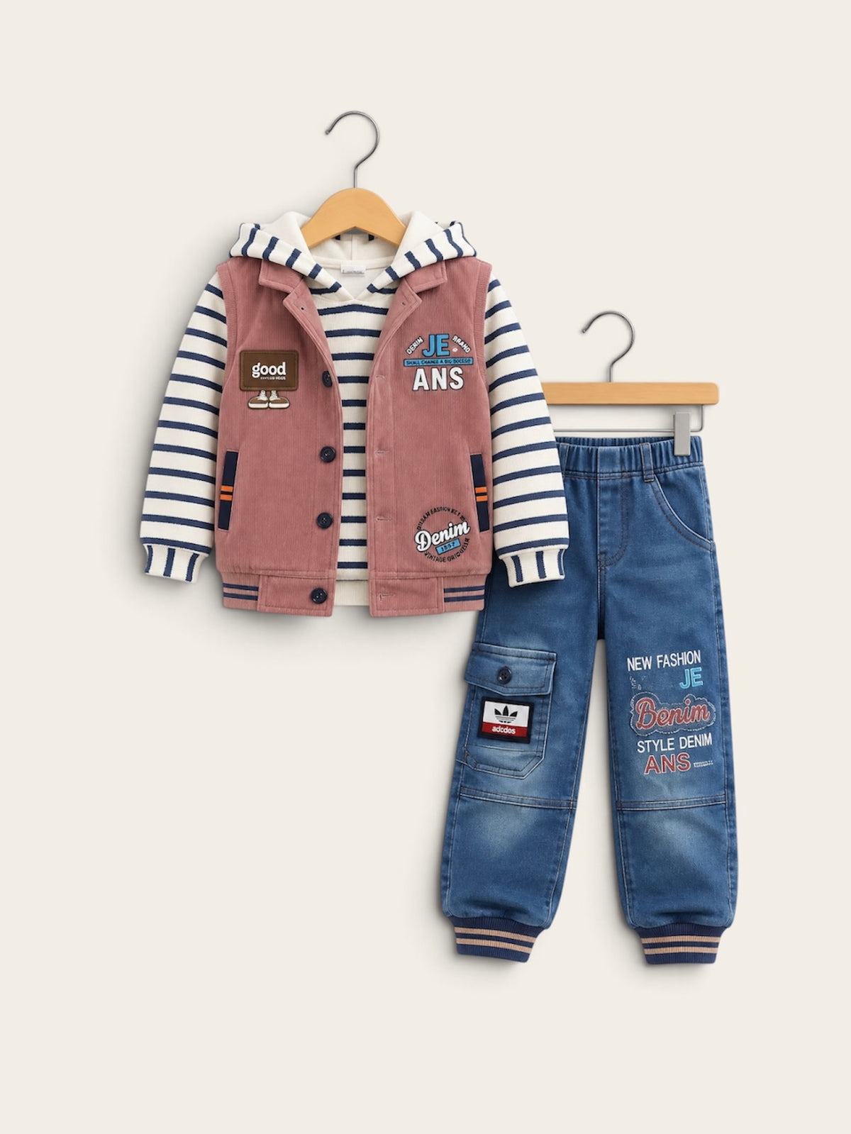 Boys 3-Piece Casual Denim Outfit Set – Striped Hooded Sweatshirt, Button-Up Sleeveless Vest & Cargo Pocket Denim Jogger Pants