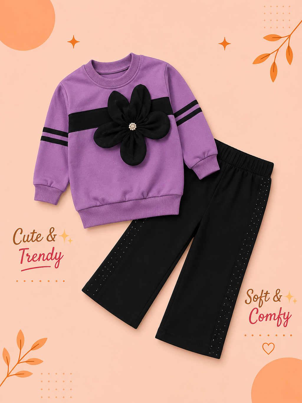 Girls 3D Floral Sweatshirt & Black Flared Pants 2-Piece Set