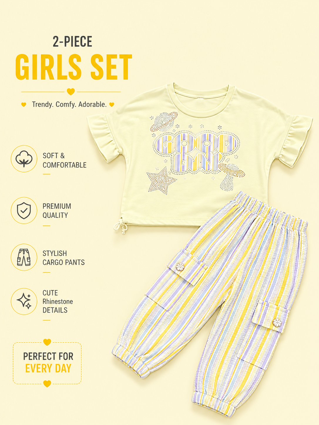 Girls Rhinestone Graphic Top & Striped Cargo Pants 2-Piece Set