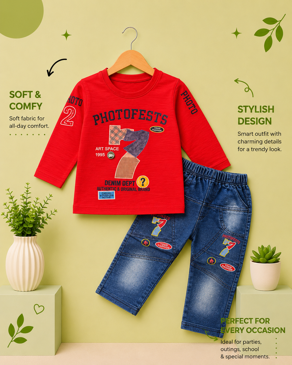 Kids PhotoFests Full Sleeve T-Shirt & Denim Pants 2-Piece Outfit Set