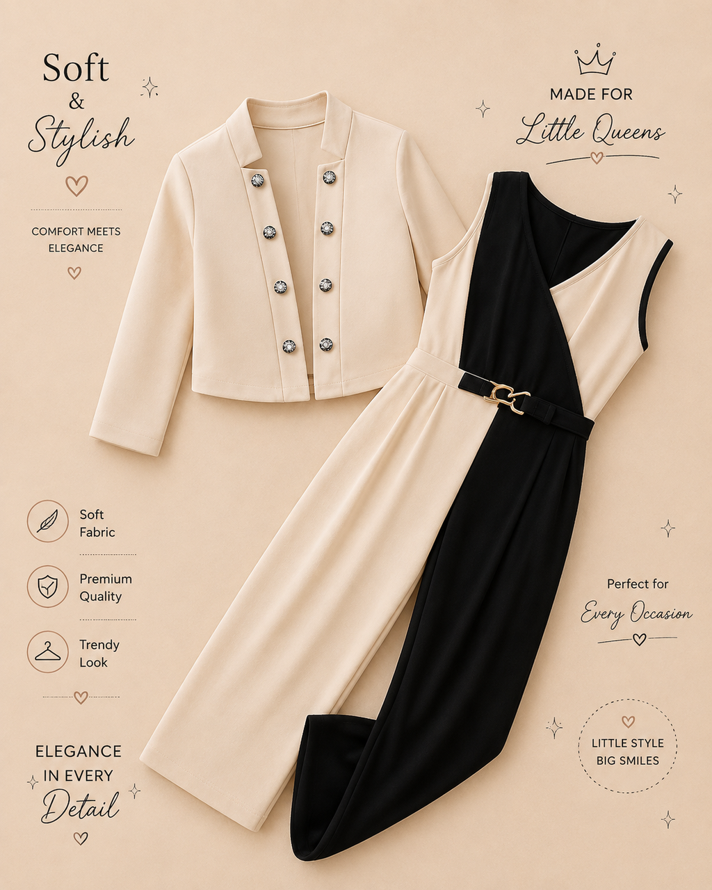 Elegant Two-Tone Girls Jumpsuit with Blazer – Black & Lavender