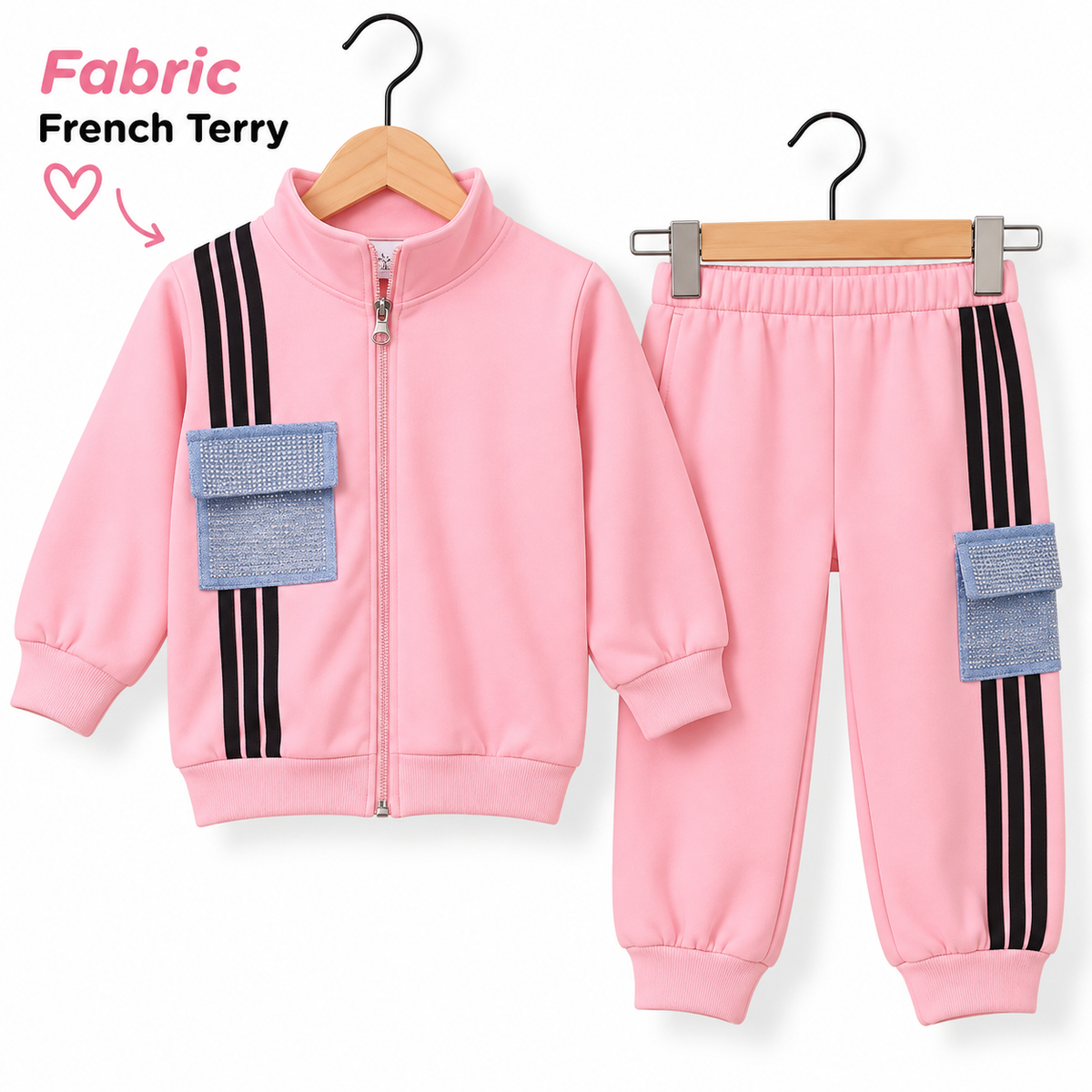 Kids French Terry Zip-Up Tracksuit with Stripe & Cargo Pocket Detail