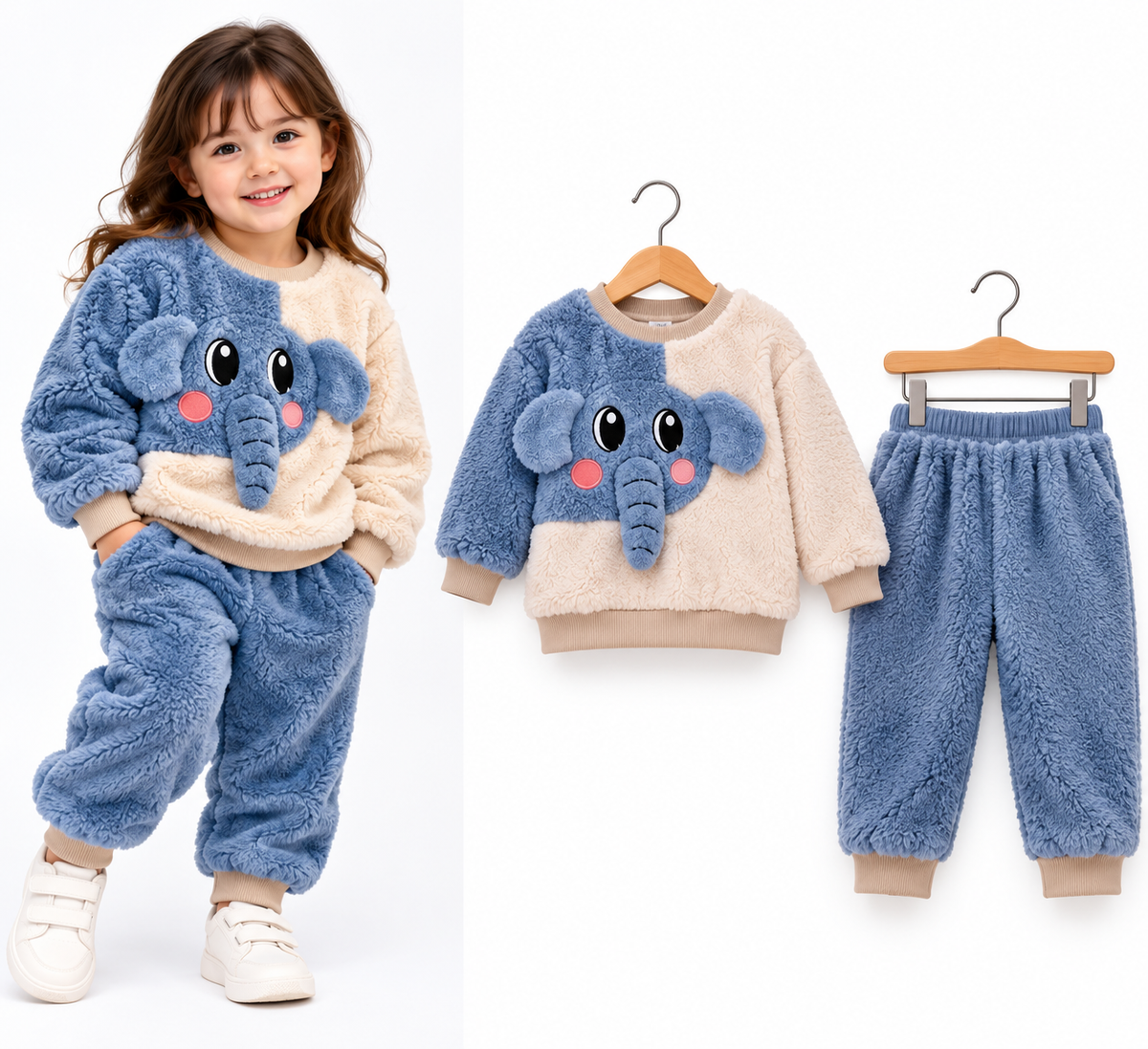 Kids Cute Elephant Furr Sweatshirt & Jogger 2-Piece Winter Set 🐘🩵🤍