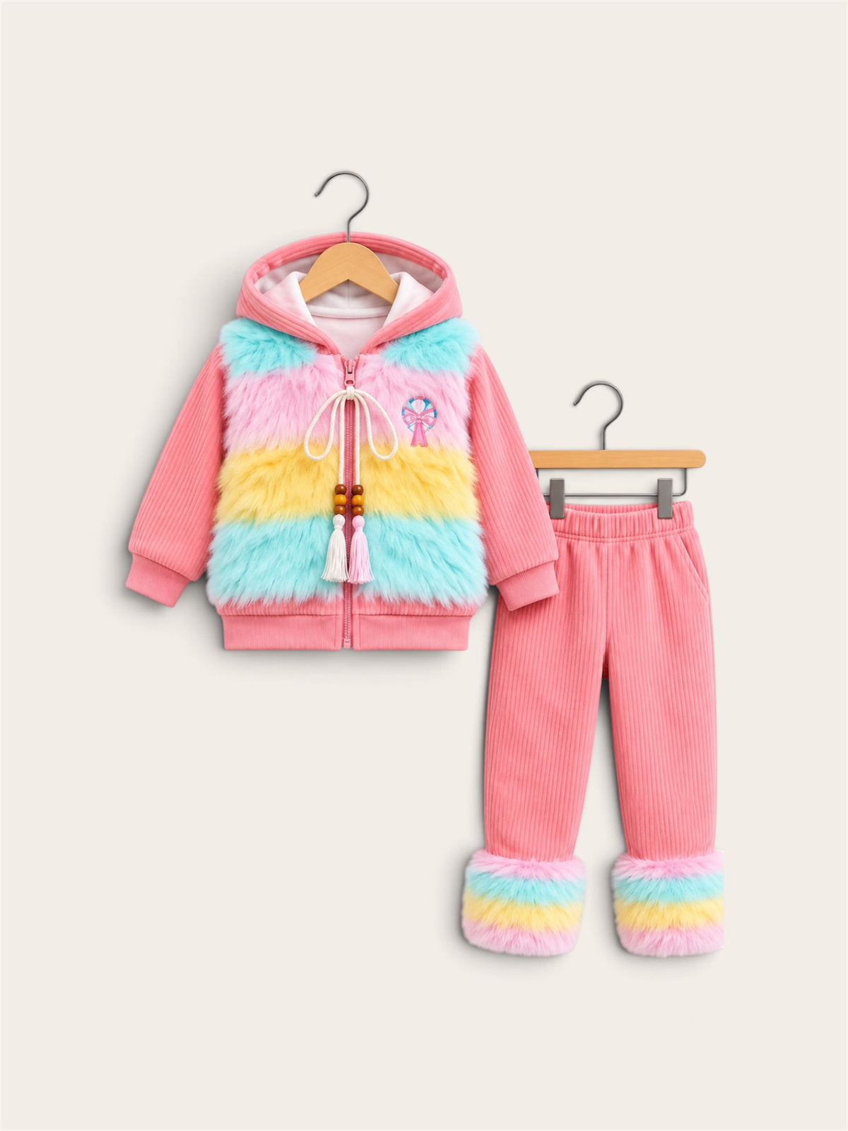 Girls Rainbow Furry Hooded Jacket & Ribbed Trouser Winter Set