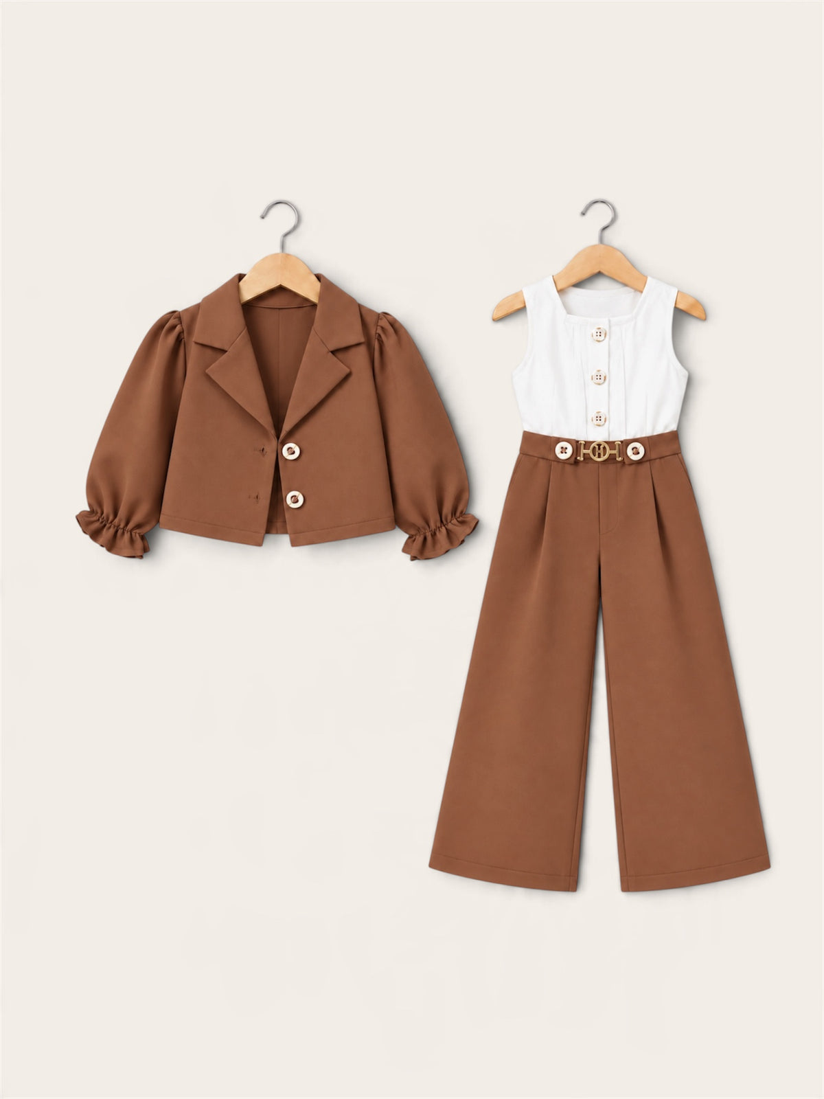 Girls Elegant 3-Piece Blazer & Wide-Leg Jumpsuit Set – 4 Colors