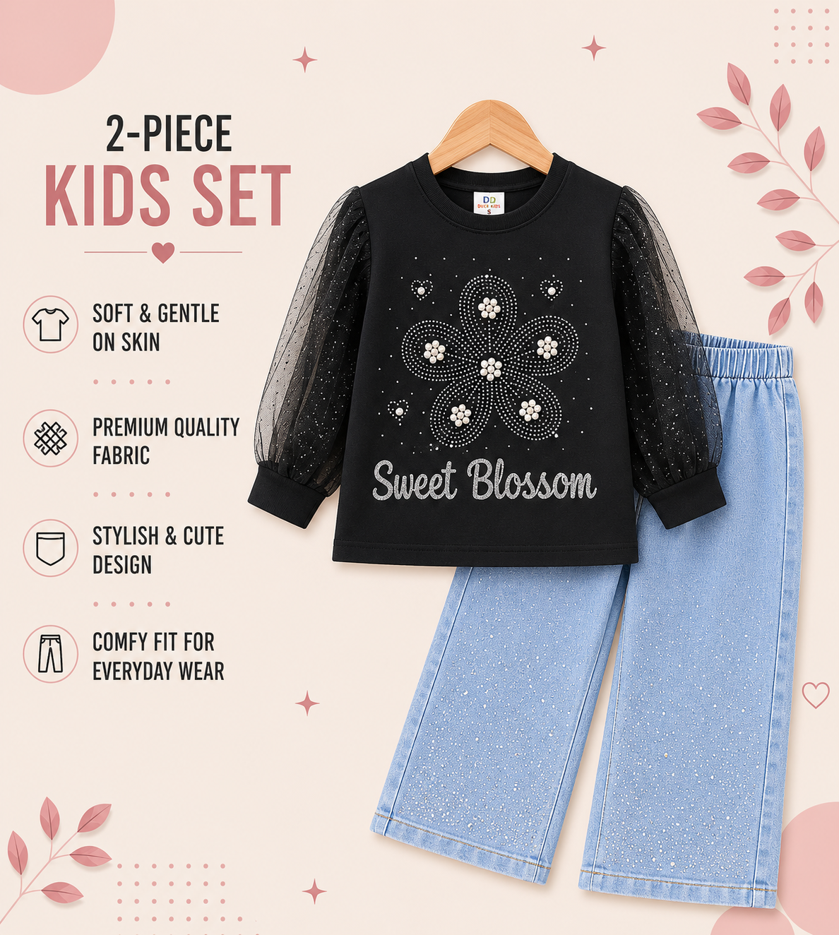 Sweet Blossom Girls Pearl Flower Top & Sparkle Wide-Leg Jeans 2-Piece Set