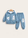 Kids Cute Teddy Bear & Bunny Embroidered Hooded Jacket with Trouser – 2 Piece Winter Set