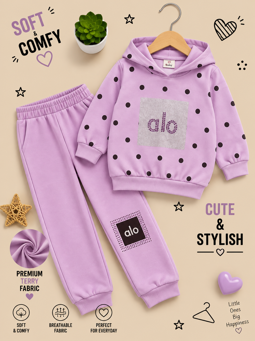 Polka Dot Premium Terry Hoodie Tracksuit Set ✨🤍