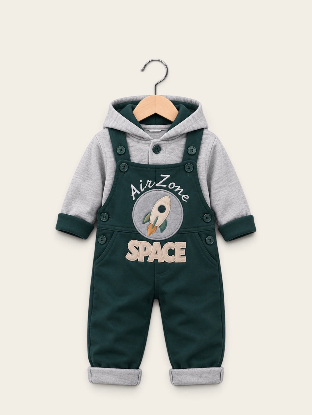 Boys Air Zone Rocket Dungaree & Hooded Sweatshirt 2-Piece Winter Set – Navy, Green & Brown
