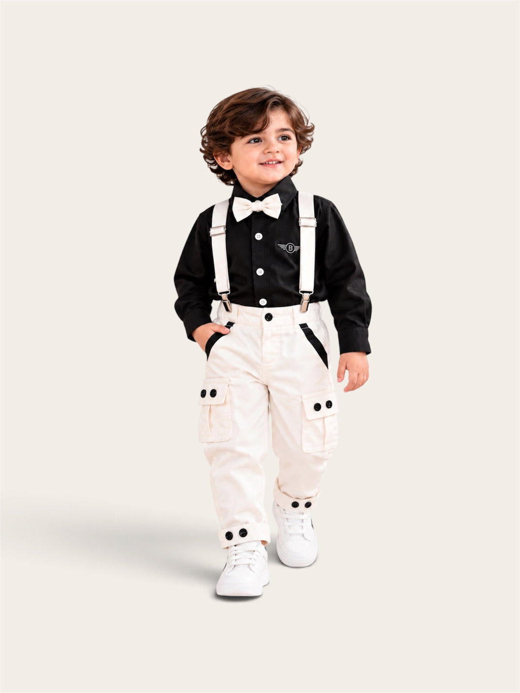 Boys Premium Formal Shirt & Cargo Pant Set with Suspenders and Bow Tie – 2 Colors