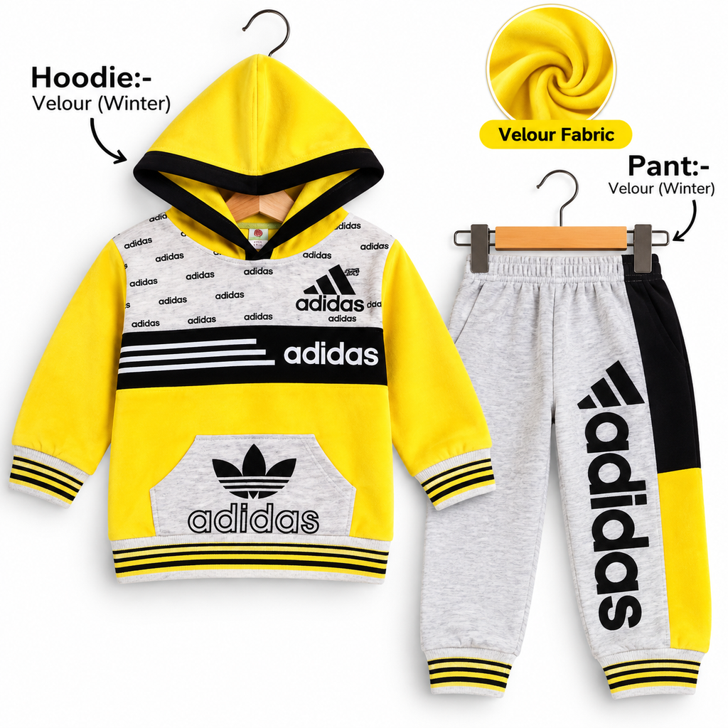 Kids Premium Winter Velour Hoodie & Jogger 2-Piece Tracksuit – Adidas Style (3 Colors)