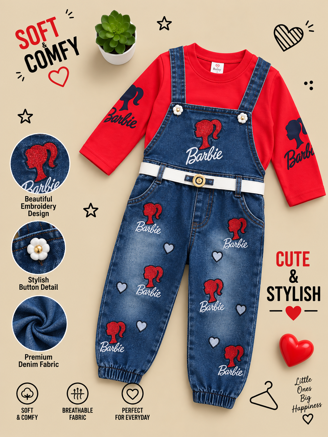 Barbie Girls Premium Denim Dungaree Set with Full Sleeve Top 💕