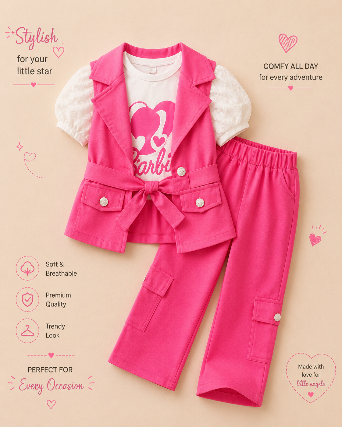 Pink Barbie Cargo Vest & Pants 3-Piece Girls Outfit Set