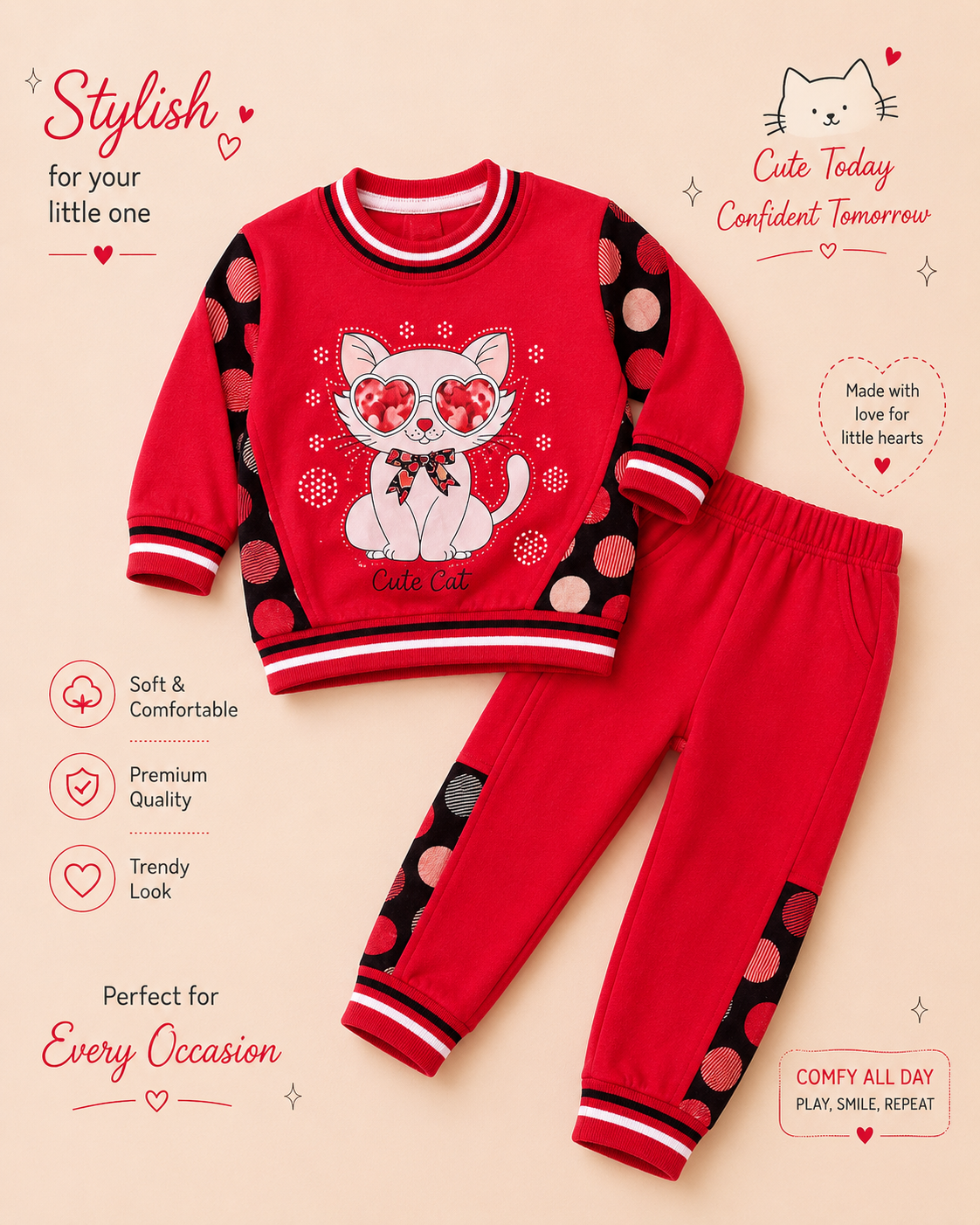Cute Cat Polka Dot Girls’ Sweatshirt & Jogger Set – Red ❤️