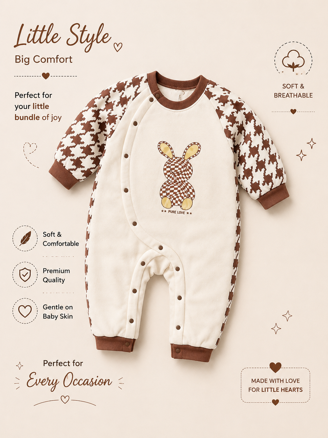 Baby Bunny Houndstooth Full-Sleeve Romper – Cream & Brown 🐰