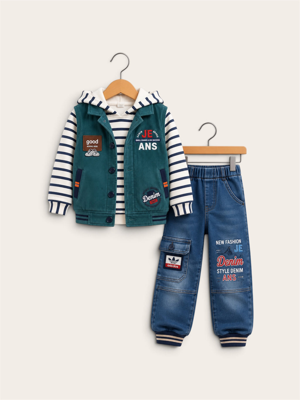 Boys 3-Piece Casual Denim Outfit Set – Striped Hooded Sweatshirt, Button-Up Sleeveless Vest & Cargo Pocket Denim Jogger Pants