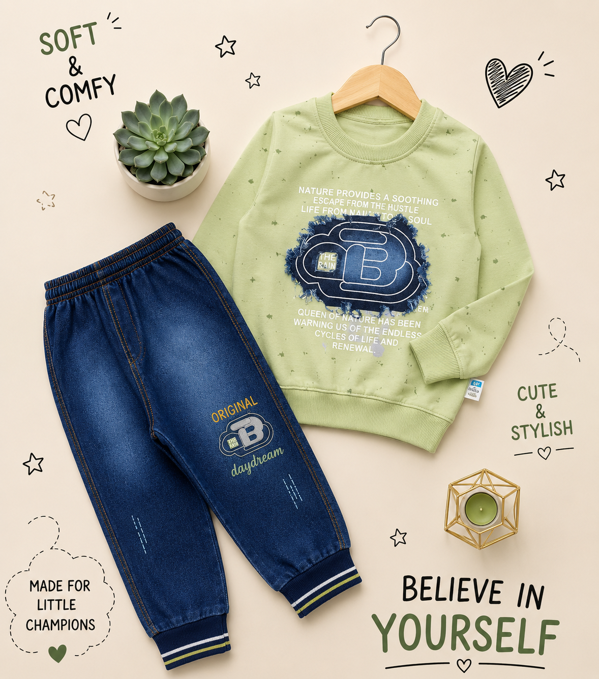 💙 Believe in Yourself Kids Winter Sweatshirt & Denim Jogger Set