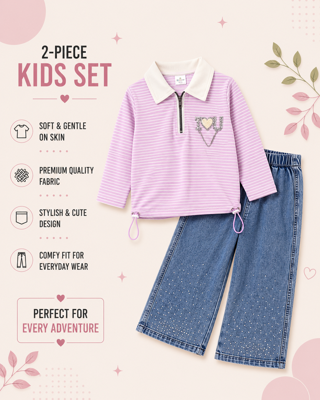 Girls Striped Polo Top & Sparkle Wide-Leg Denim 2-Piece Set