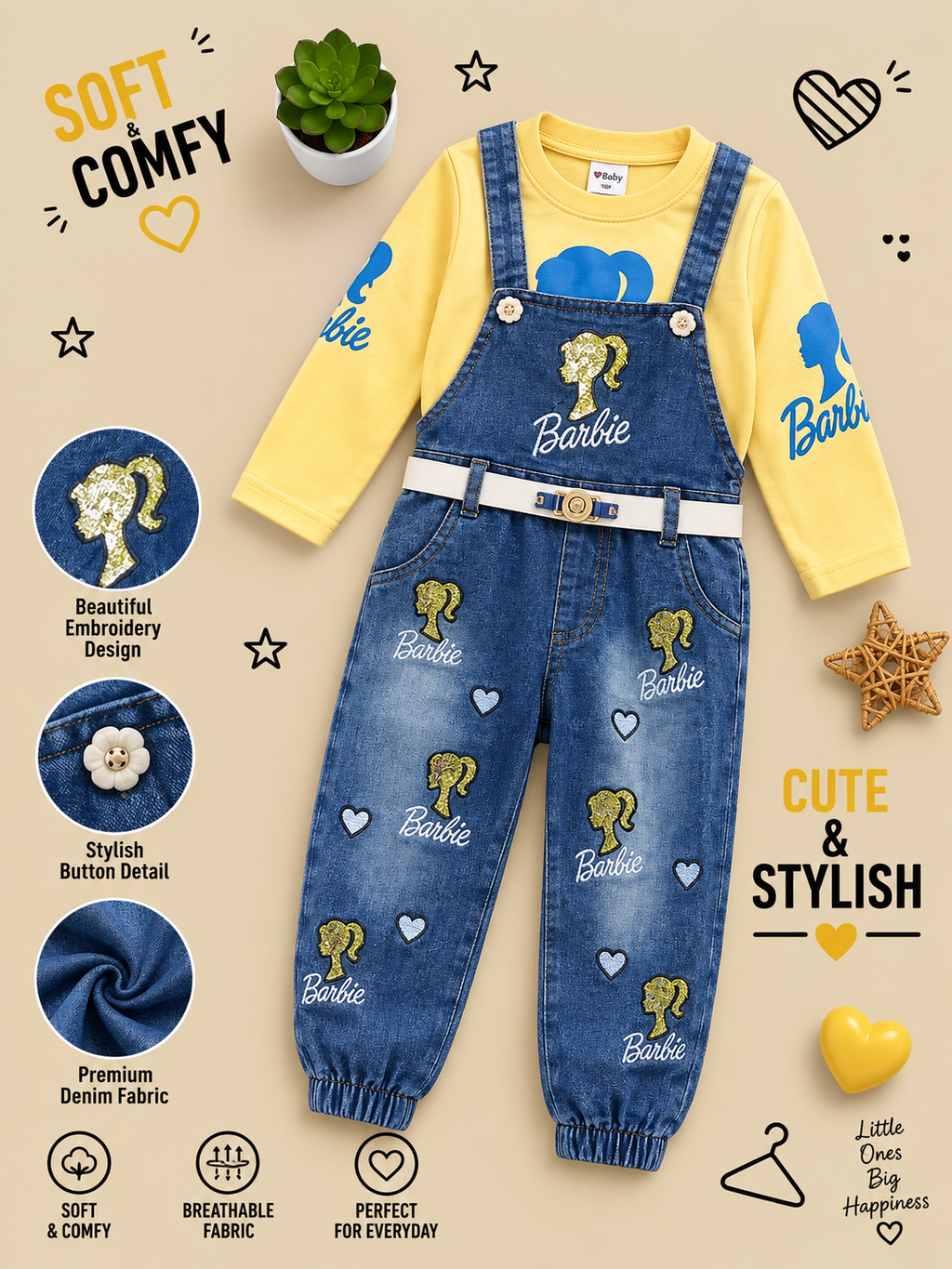 Barbie Girls Premium Denim Dungaree Set with Full Sleeve Top 💕