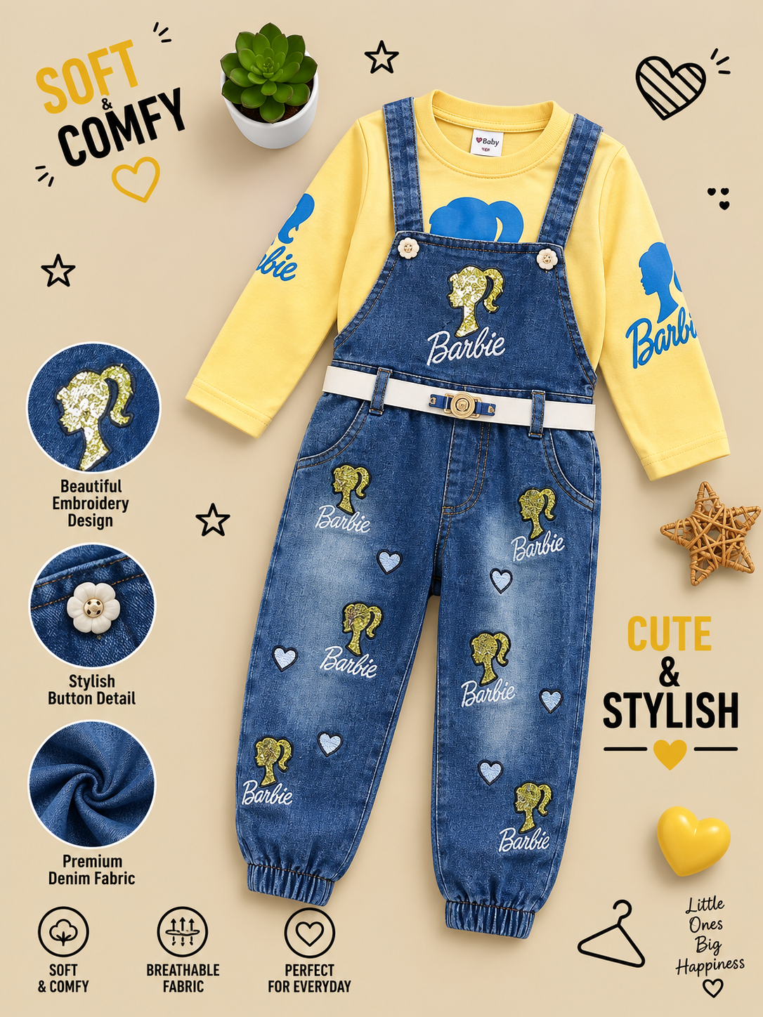 Barbie Girls Premium Denim Dungaree Set with Full Sleeve Top 💕