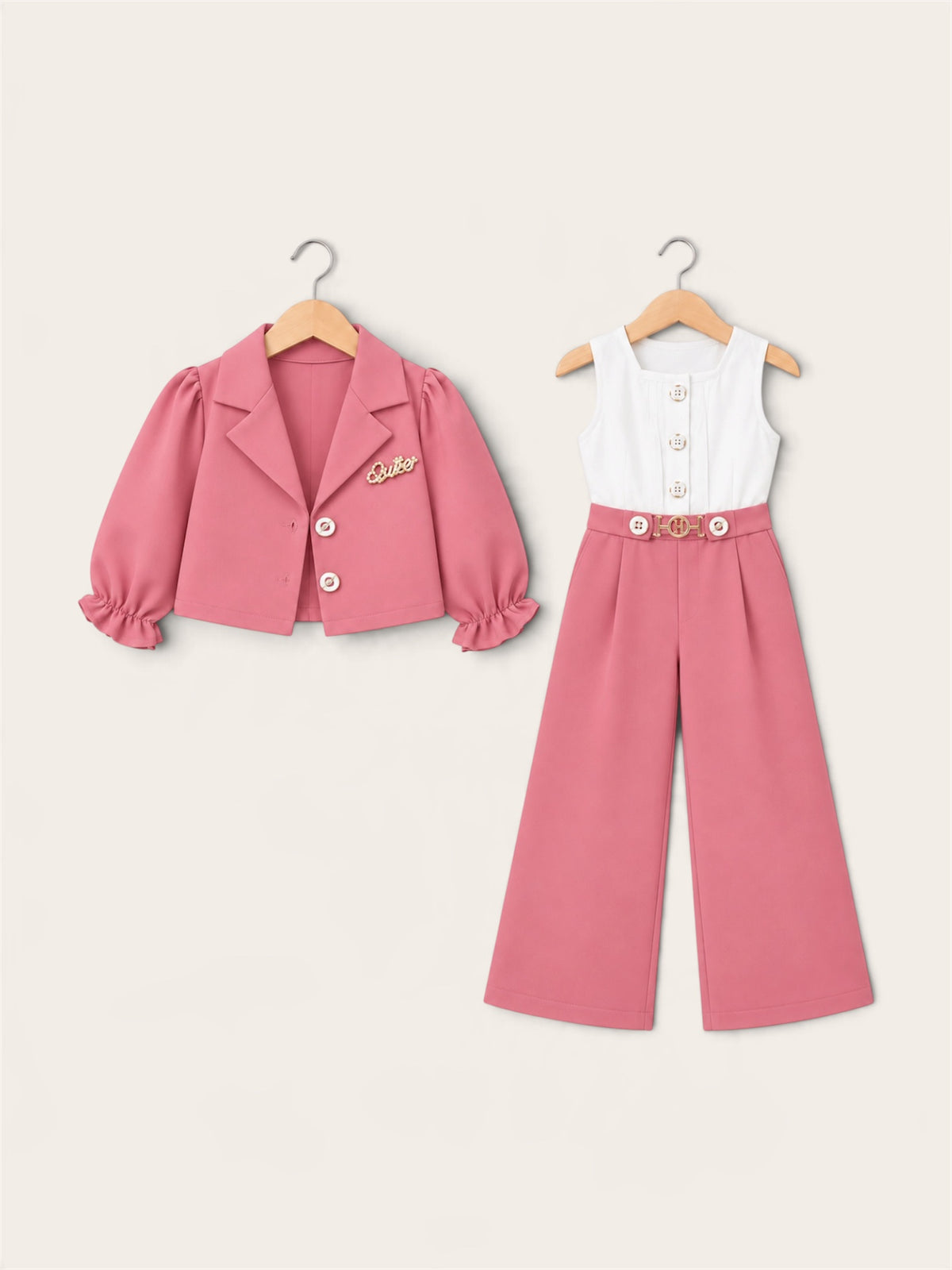 Girls Elegant 3-Piece Blazer & Wide-Leg Jumpsuit Set – 4 Colors 6years-10years