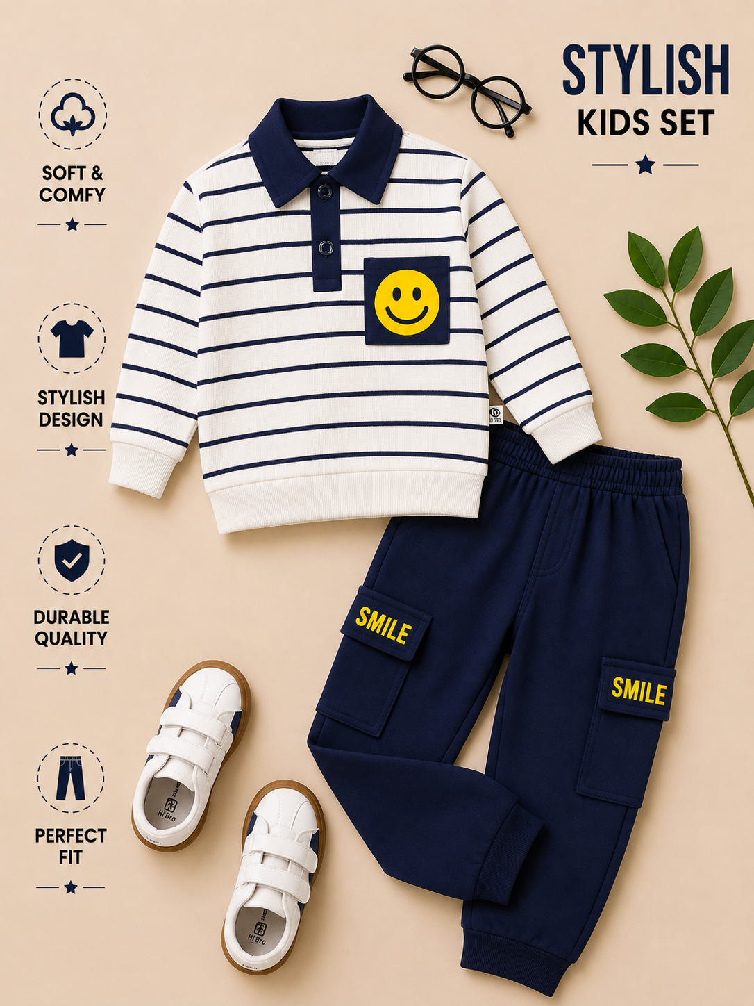 Boys Smile Stripe Polo Sweatshirt & Cargo Jogger 2-Piece Set