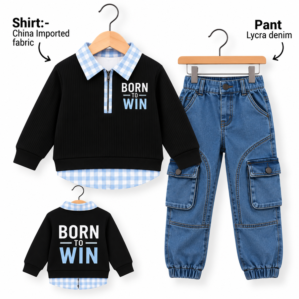 Boys Born to Win Layered Shirt & Cargo Denim Pant Set