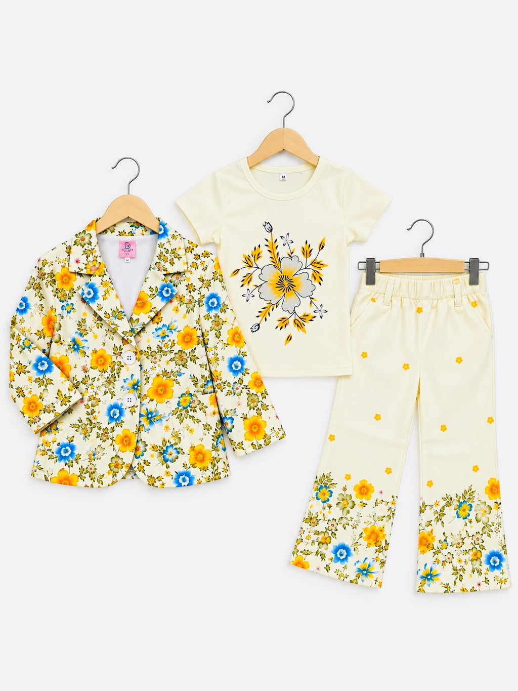 Girls 3-Piece Floral Blazer, Printed T-Shirt & Flared Pants Set – 12 Months to 6 Years