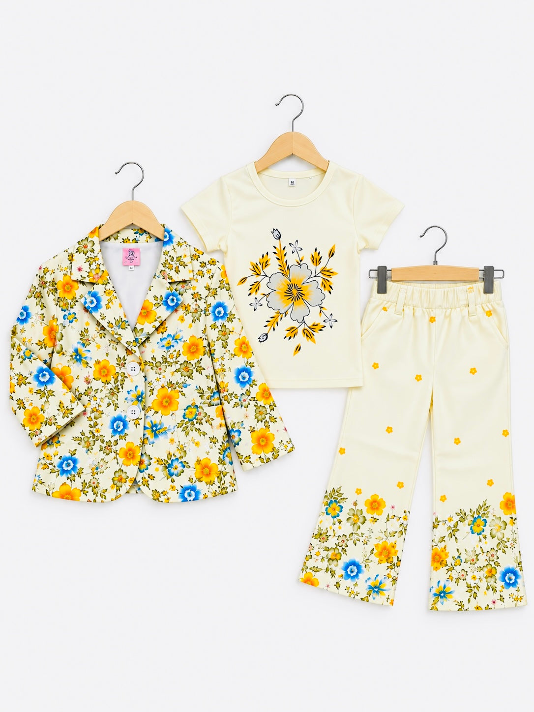 Girls 3-Piece Floral Blazer, Printed T-Shirt & Flared Pants Set – 12 Months to 6 Years