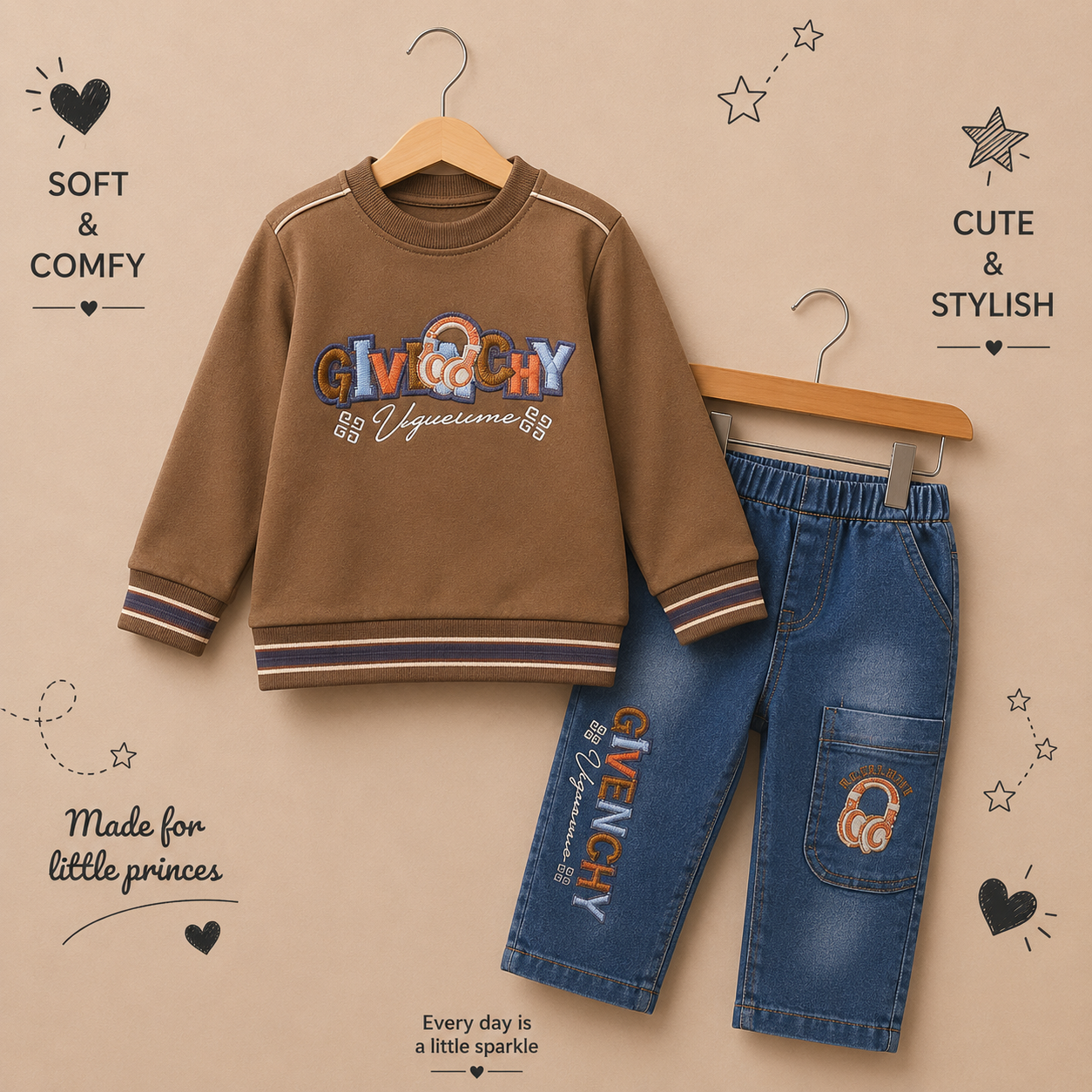 Boys Premium Embroidered Sweatshirt & Denim Jeans 2-Piece Set