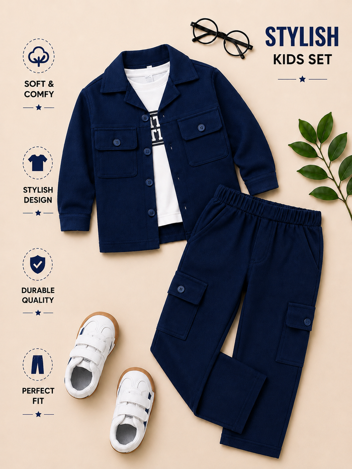 Boys Premium Utility Jacket & Cargo Pants 3-Piece Set – Navy, Black & Green