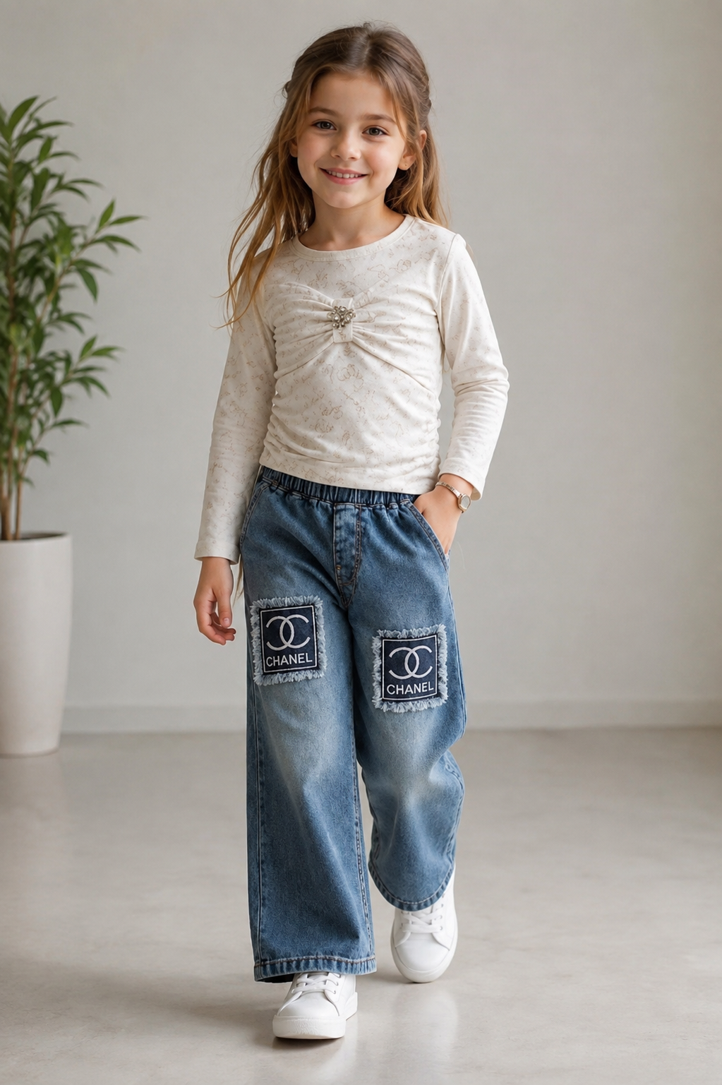Girls’ Premium Bow Top & Denim Jeans 2-Piece Set