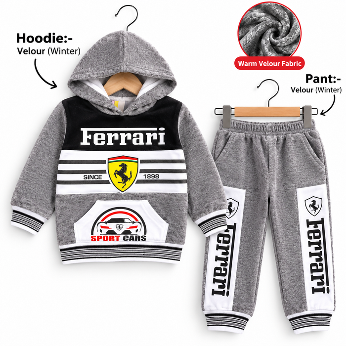 Ferrari Inspired Boys Winter Velour Hoodie & Jogger 2-Piece Tracksuit – Grey & Black