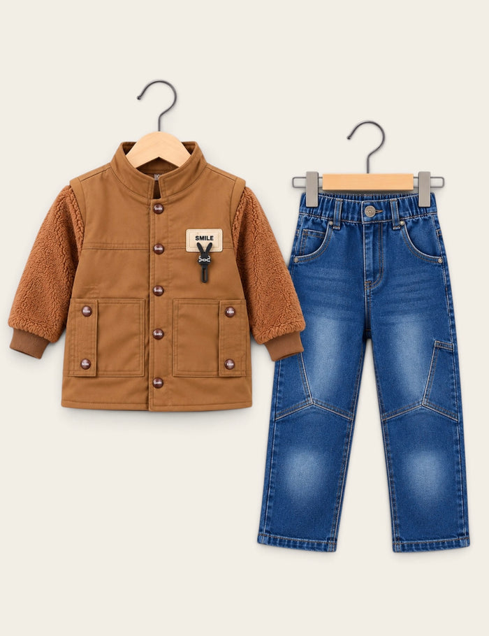 Boys Smile Fleece Jacket & Denim Jeans 2-Piece Winter Set – Brown & Charcoal
