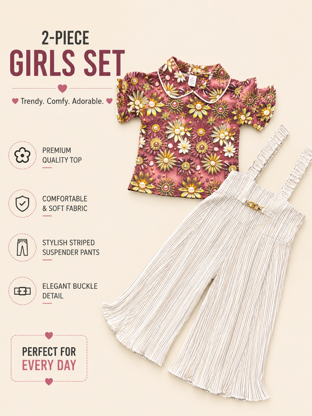 Girls Floral Top & Striped Suspender Wide-Leg Pants 2-Piece Set – Blue & Maroon Variants