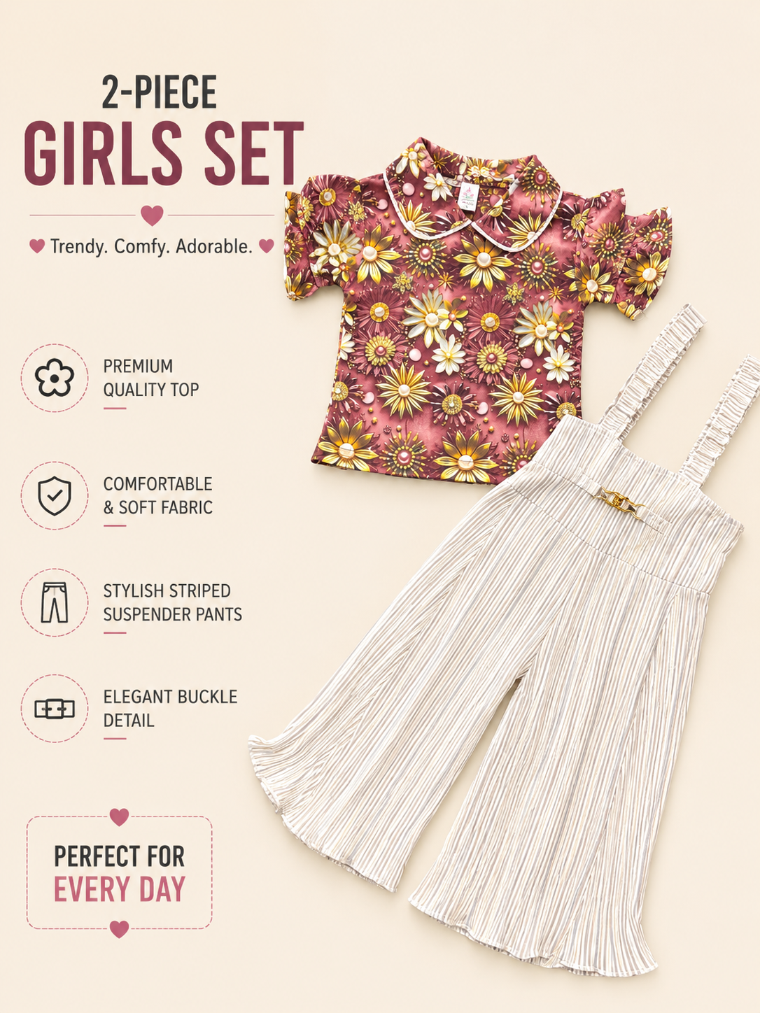 Girls Floral Top & Striped Suspender Wide-Leg Pants 2-Piece Set – Blue & Maroon Variants