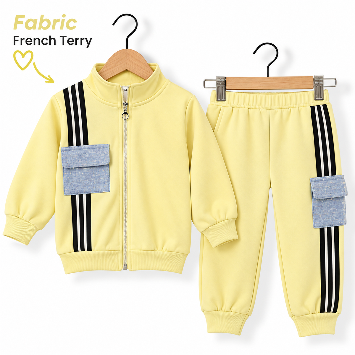Kids French Terry Zip-Up Tracksuit with Stripe & Cargo Pocket Detail