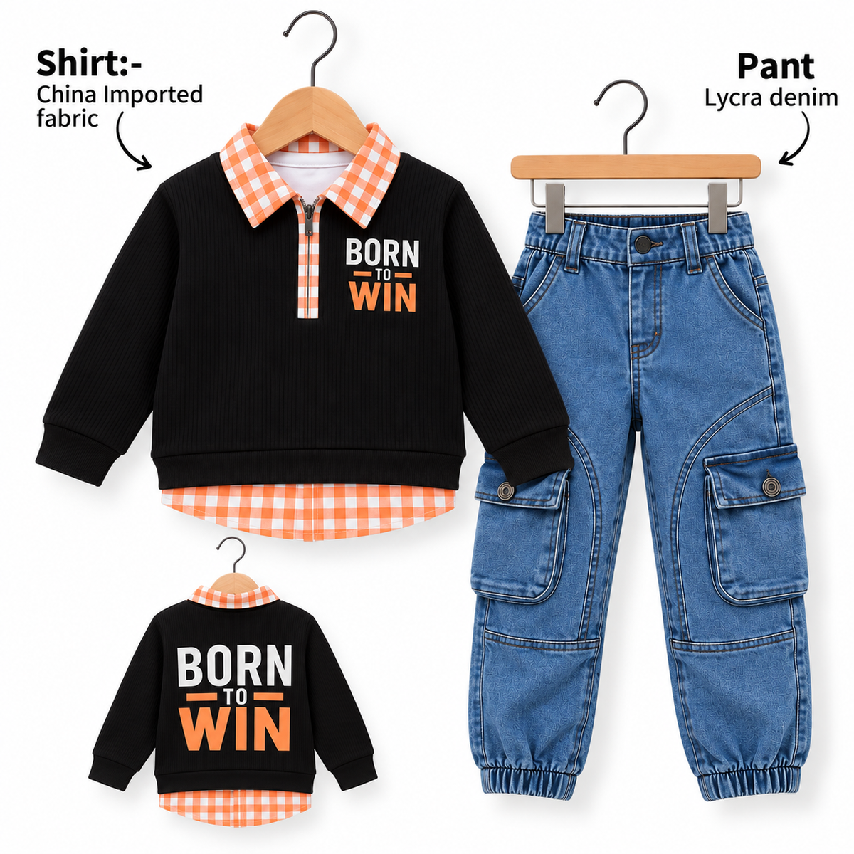 Boys Born to Win Layered Shirt & Cargo Denim Pant Set