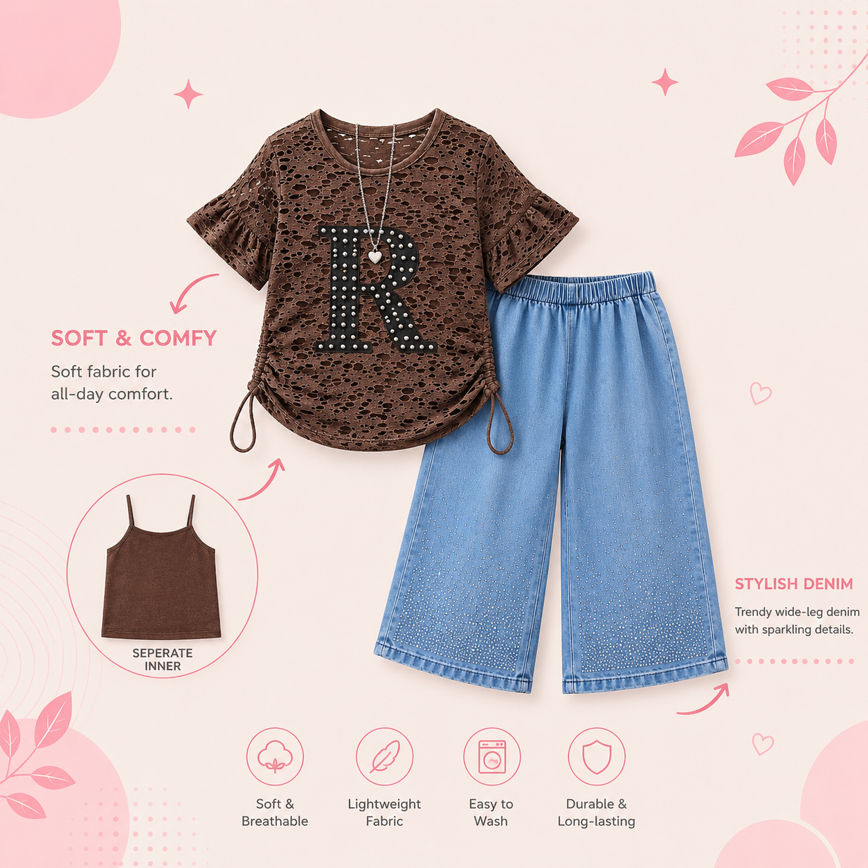Girls 3-Piece Co-Ord Set with Inner Camisole & Wide Leg Denim Pants